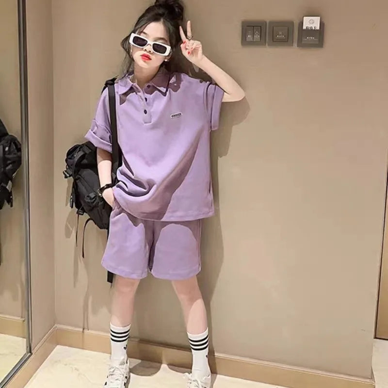 Girls Summer Leisure Suit New Sportswear Children's Summer Casual Wear Children Korean Girls Short-Sleeved Shorts Two-Piece Suit