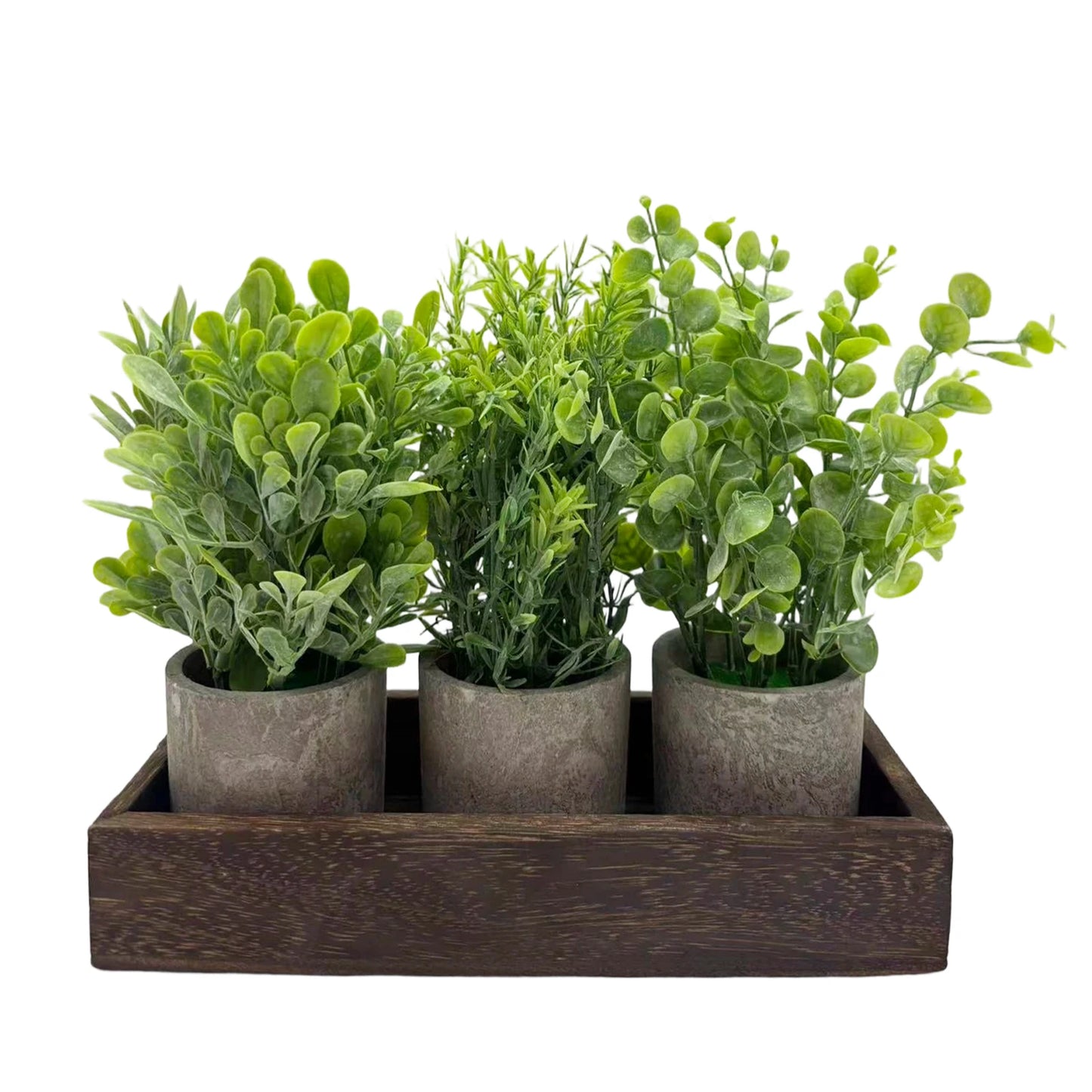 3 Pack Small Artificial Eucalyptus Potted Plants, Fake Greenery Plants in Pots with Wooden Tray, Small Farmhouse Table Centerpiece Decor for Coffee Table Dining Room Home Office