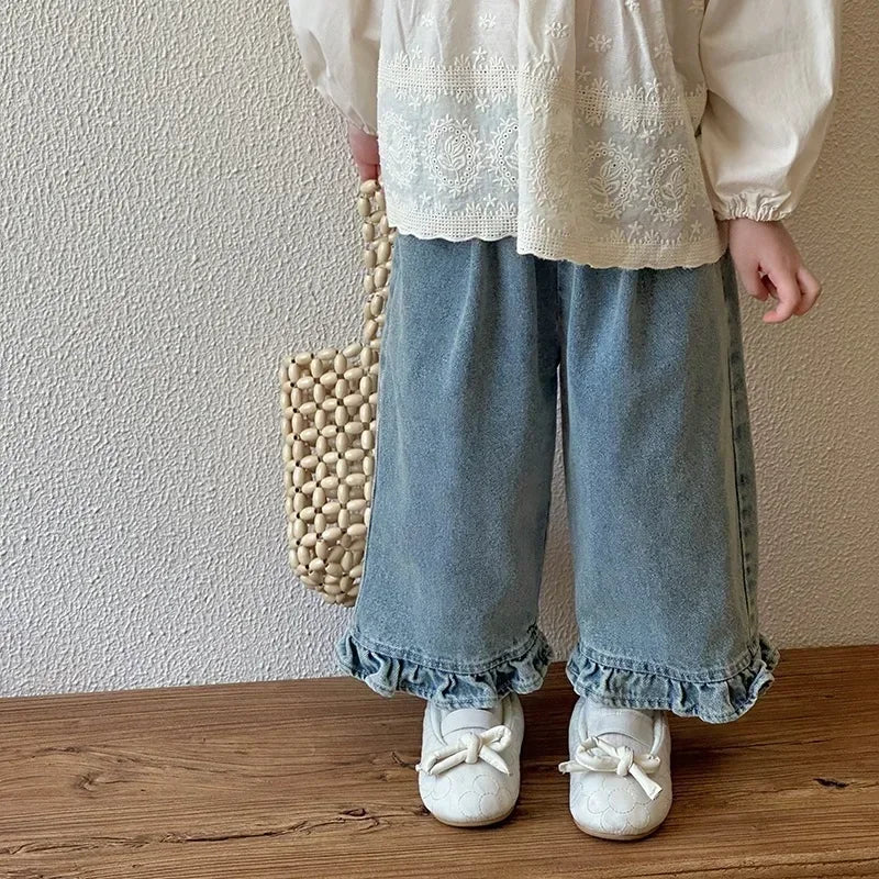 Kids Jeans Girls New 2025 Spring  Autumn Childrens Fashion Casual Wide-leg Pants Lace Princess Sweet and Lovely