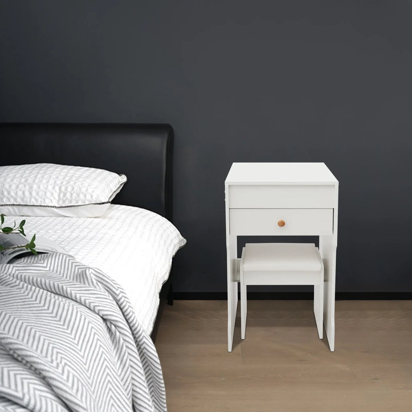 White 2-in-1 Flip Top Mini Vanity Desk Set, Makeup Table with Mirror, Drawer & Padded Stool, Multi-Purpose Corner Bedroom Vanity Nightstand
