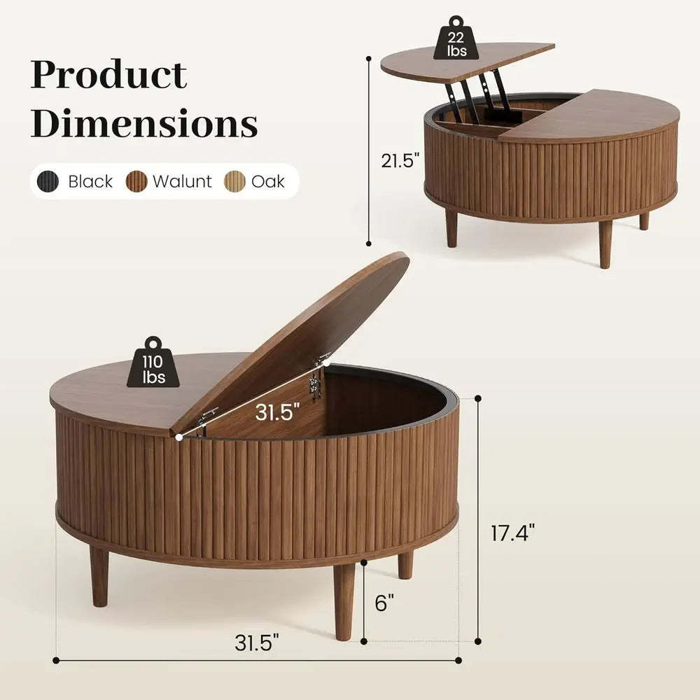 31.5" Round luted Lit Top Coee Table, Century ern Coee Table with 4 Hidden Storage, Center Table or Living Room & Home Oice & Sm