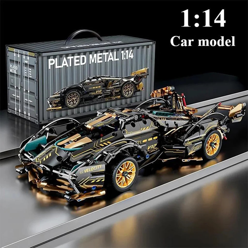 Black V12 Block Roadster RC Tech Racer 1:14 DIY Roadster Building Block Assembly Block Car Toy Birthday Gift （1280+Granule）