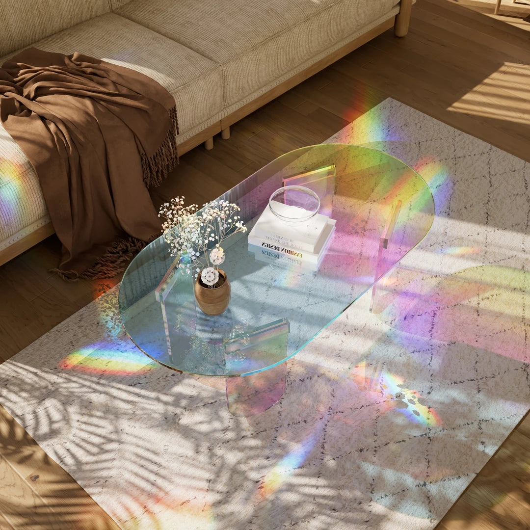 Modern Acrylic Coffee Table Clear Side Table with 4 Legs Rainbow Accent Furniture Space-Saving Living Room/Office Decor