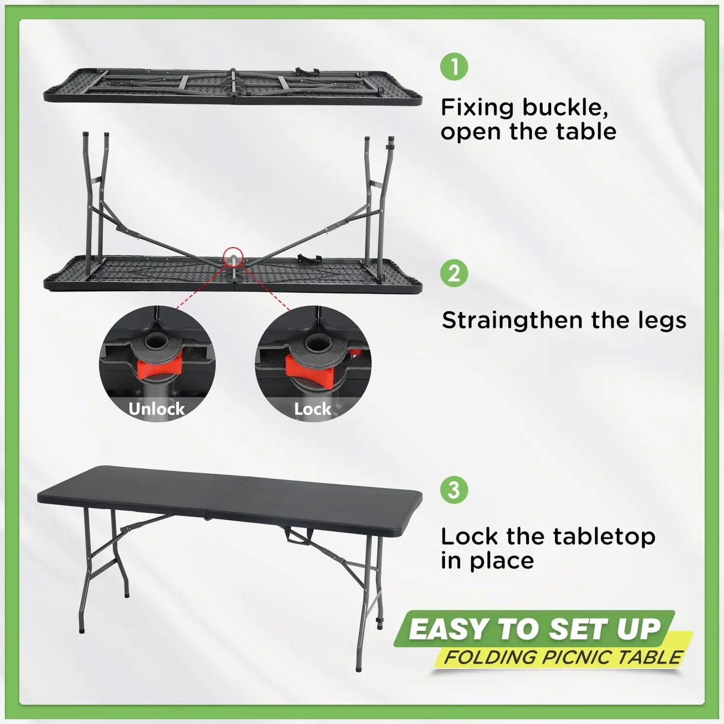 6ft Foldable Outdoor Camping Table Portable Plastic Square Dining Height for Picnic Party Backyard