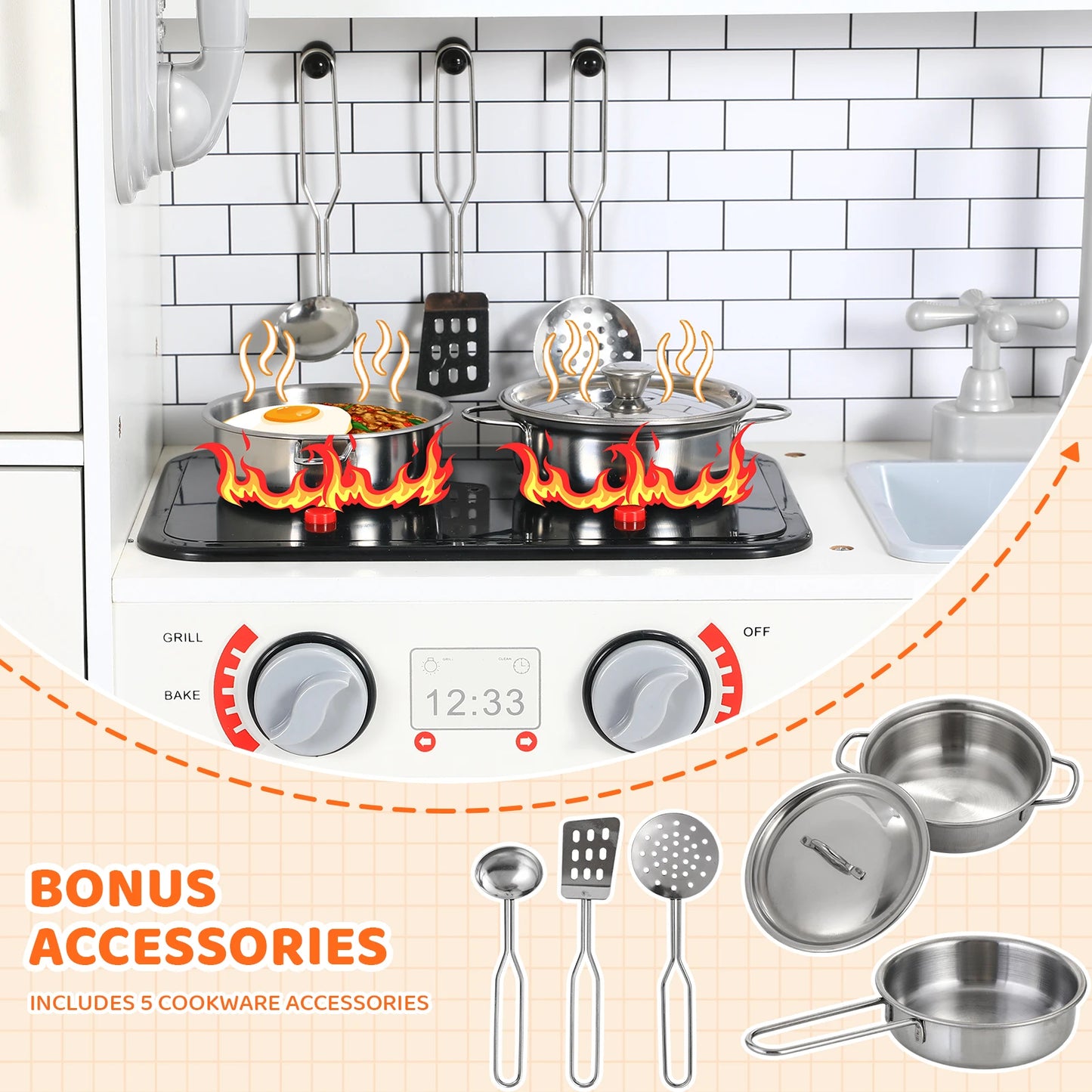 Wooden Kitchen Toys Playset, Play Kitchen for Kids Chef Pretend Play Set for Toddlers w/ Real Lights & Sounds, Toy Food,Cookware