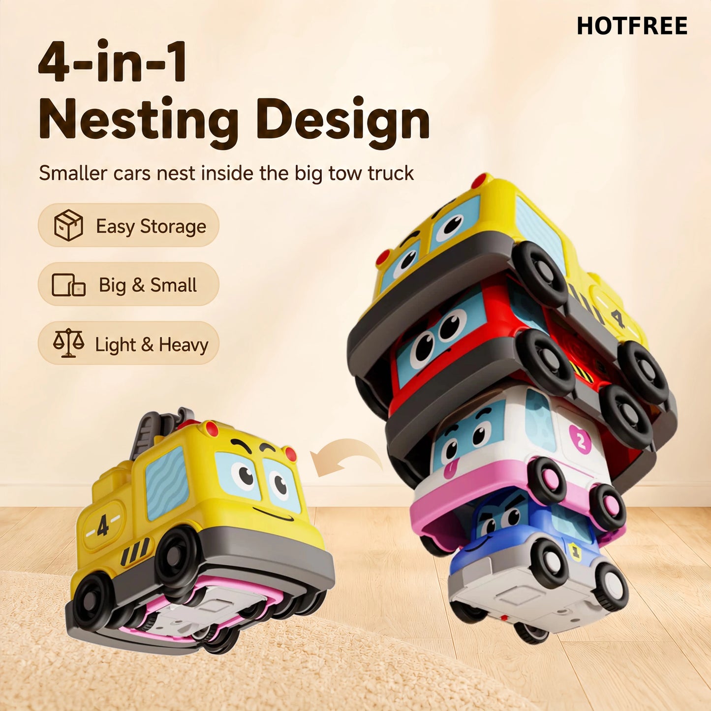 4 in 1 Montessori Toy Cars Set - Stacking Nesting Magnetic Following Toddler Toys 1-2, Sensory Toys with Lights, Music & Cars Toys, STEM Educational Toy, Baby Toys Christmas Birthday Gifts for KIds Boys Girls