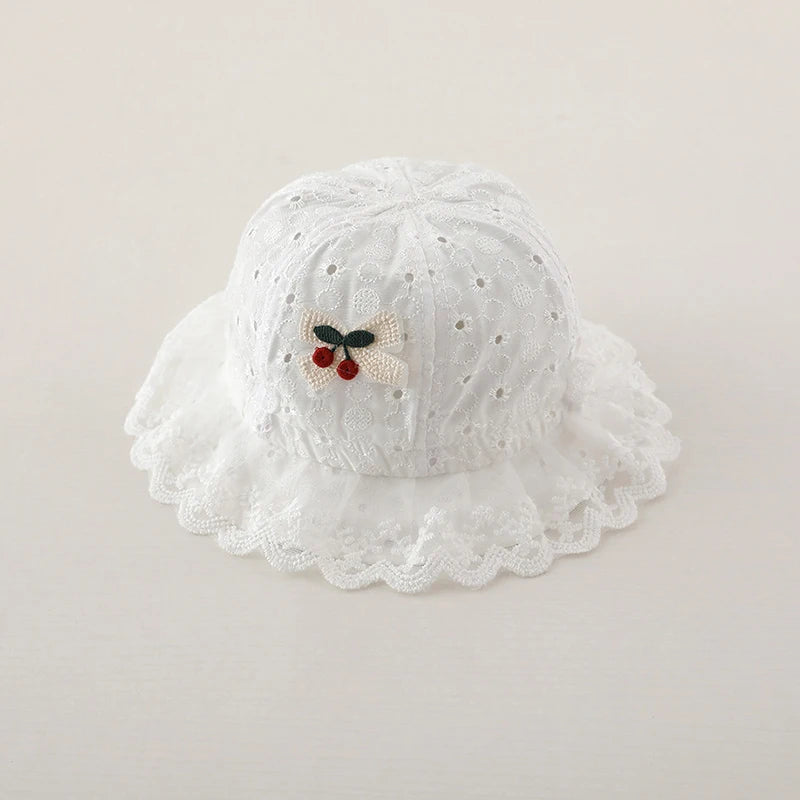 0-12M Infants Lace Fisherman Cap Princess Baby Sunscreen Basin Caps Cute Cherry Bucket Hat Kids Summer Thin Hollow Cotton Visors
