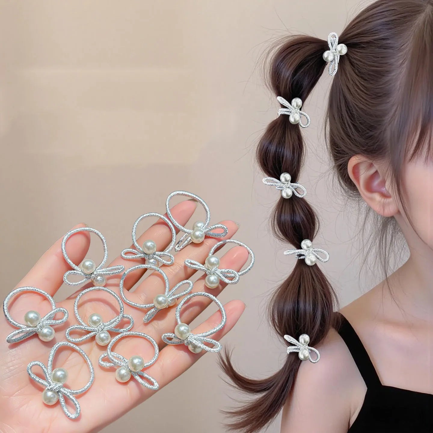 10pcs Korean Silver Pearl Bow Braided Rubber Band for Girls No Damage Hair Small Thumb Hoop Baby Headband Hair Accessories