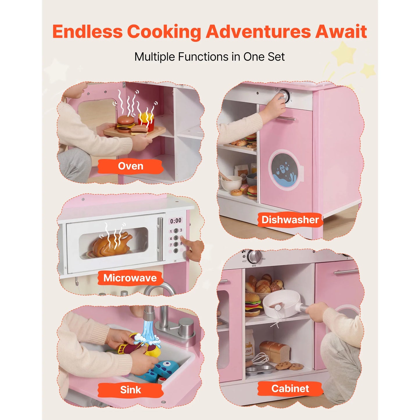 SucceBuy Wooden Play Kitchen Toy Set with Food & Cookware Accessories Pretend Kids Kitchen Playset for Toddlers Girls & Boys