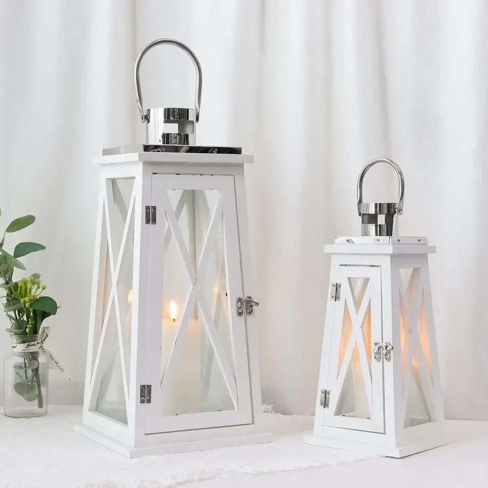 Farmhouse Wood Candle Lantern Decorative Candle Holders with Tempered Glass Rustic Hanging Lantern(White Trapezoid)
