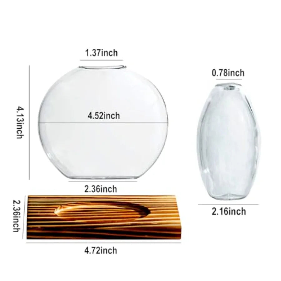 Glass Planter Propagation Station with Wooden Base - Clear Oblate Hydroponic Vase, Decorative Desktop Flower Vase for Home, Off