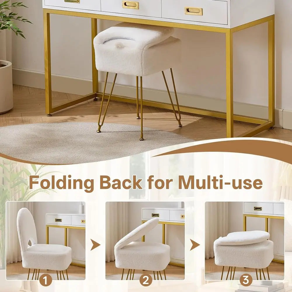 White Vanity Chair with Storage, olding Back aux ur Vanity Stool, Makeup Ottoman with Gold Legs or Bedroom/Bathroom