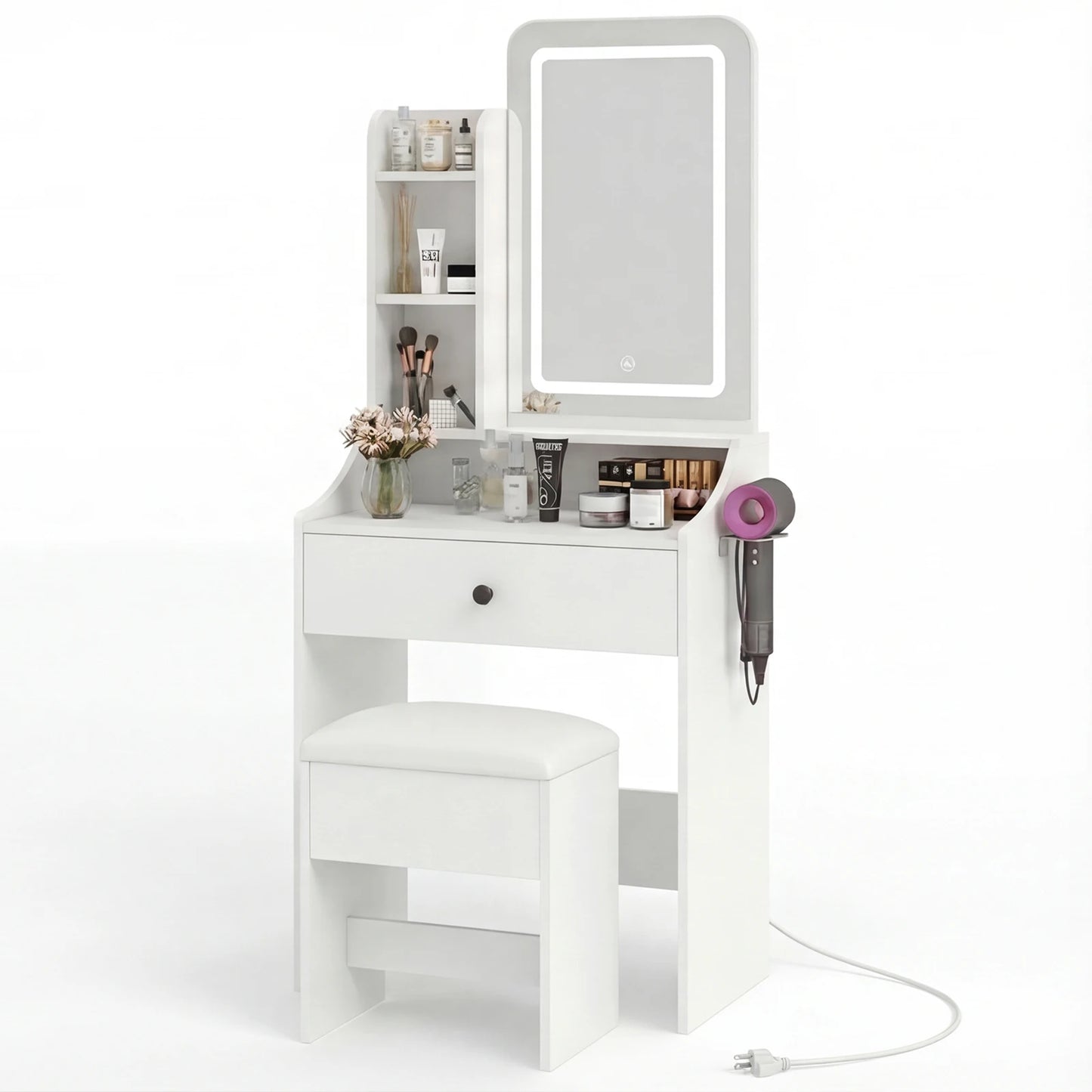 JHK 24IN Makeup Vanity Table Set with Mirror and Lights Small Vanity with Storage Bench Charging Station and Hair Dryer Holder Dressing Table with Drawer and Three Shelves