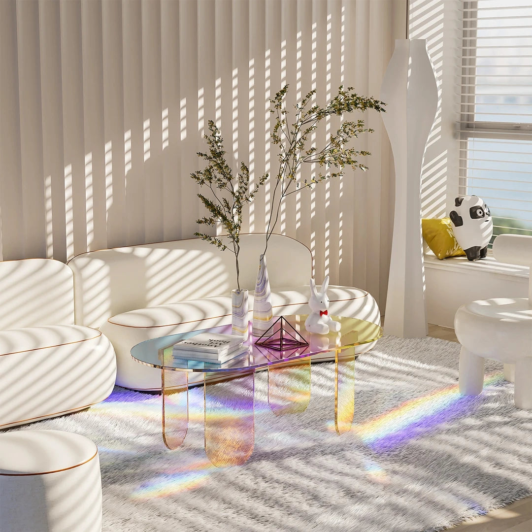 Modern Acrylic Coffee Table Clear Side Table with 4 Legs Rainbow Accent Furniture Space-Saving Living Room/Office Decor