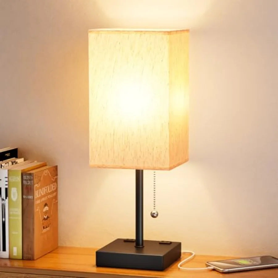 Small Table Lamp for Bedroom - Bedside Lamps for Nightstand, Minimalist Night Stand Light Lamp with Square Fabric Shade, Desk R