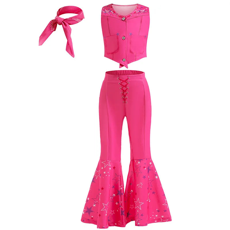 Halloween Hot Movie Margot Robbie Role Play Baby Pink Dress Girl Cowboy Look Dress Summer Sleeveless Plaid Slim Strap Dress Set