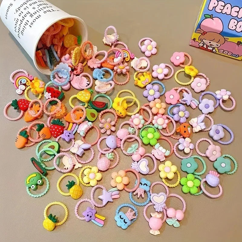 Multipack Soft Elastic Hair Ties for Kids Girls, Cute Animal Fruit Pattern Ponytail Holders, Non Slip Hair Bands for Daily School Party Gift