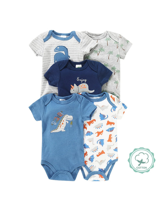 5pcs Baby Boy Triangle Rompers, Creative Bodysuits And Short Crawlers, Short Sleeve Jumpsuits with Dinosaur Pattern, Soft And Breathable Casual Infant Wear, Newborn Hospital Essentials, Bargain, for Outdoor