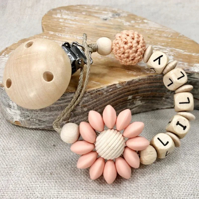 DIY Custom Name Silicone Beads Wooden Ring Pacifier Clips Safe Teething Chains Baby Teether Eco-friendly Dummy Beech Clips Gift