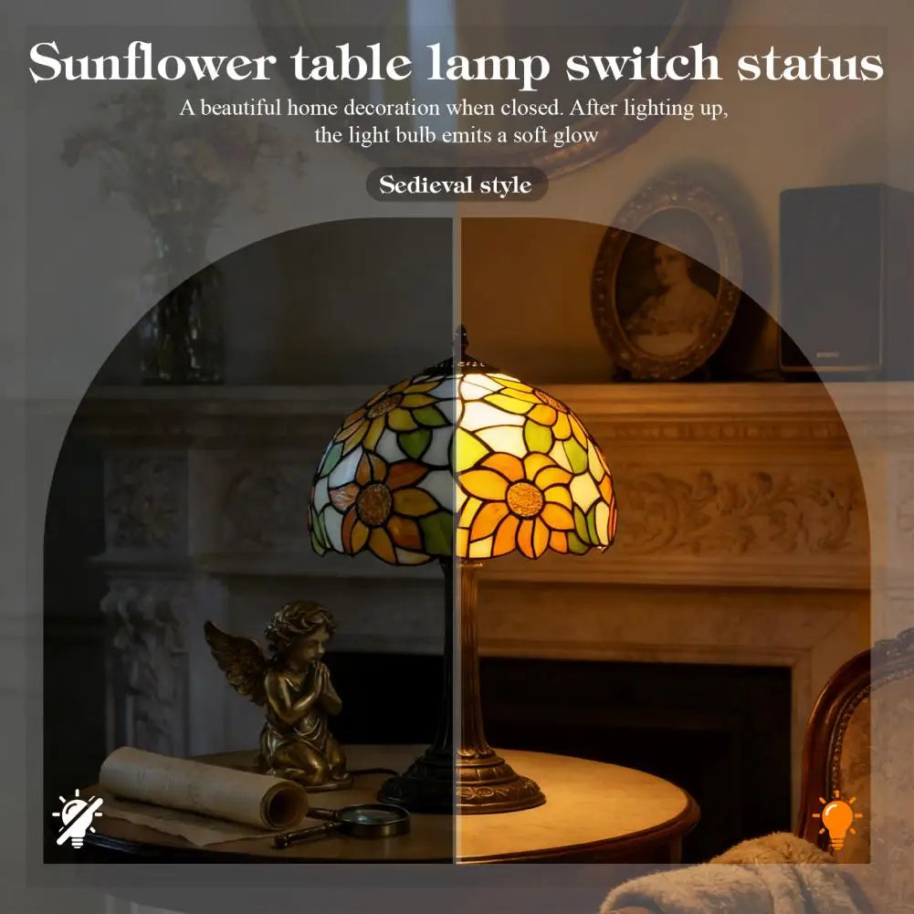 Stained Glass Bedroom Table Lamp, 12-inch Yellow Sunflower Reading Desk Light for Bedside, Living Room, Office, Dining Room