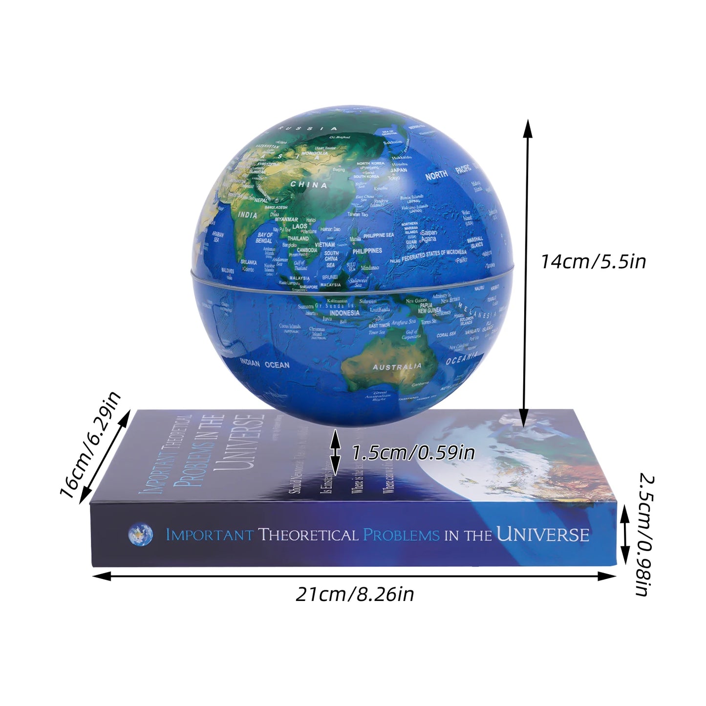 Magnetic Levitation Floating Globe 6 Inch Dark Blue ABS Book Base 100-240V Auto Rotating Geographic Globe Gradient Color LED Light 3-5W Low Power LED Levitating World Map Lamp For Home Office Kids Classroom