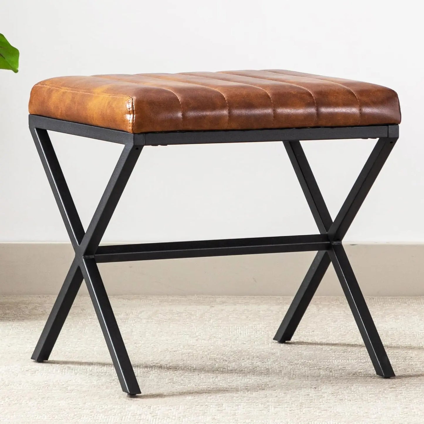 Modern PU Leather Padded Ottoman Stool Chair X Metal Legs Rectangle Vanity Bench Foot Rest Living Room Bathroom Custom