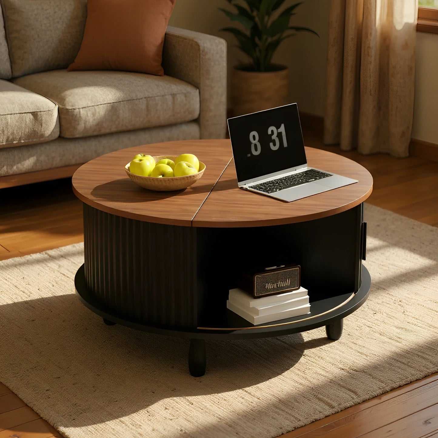 Round Wooden Coffee Table 30.7 inch With Storage Function Suitable For Home Living Room Office With Sliding Cabinet Door