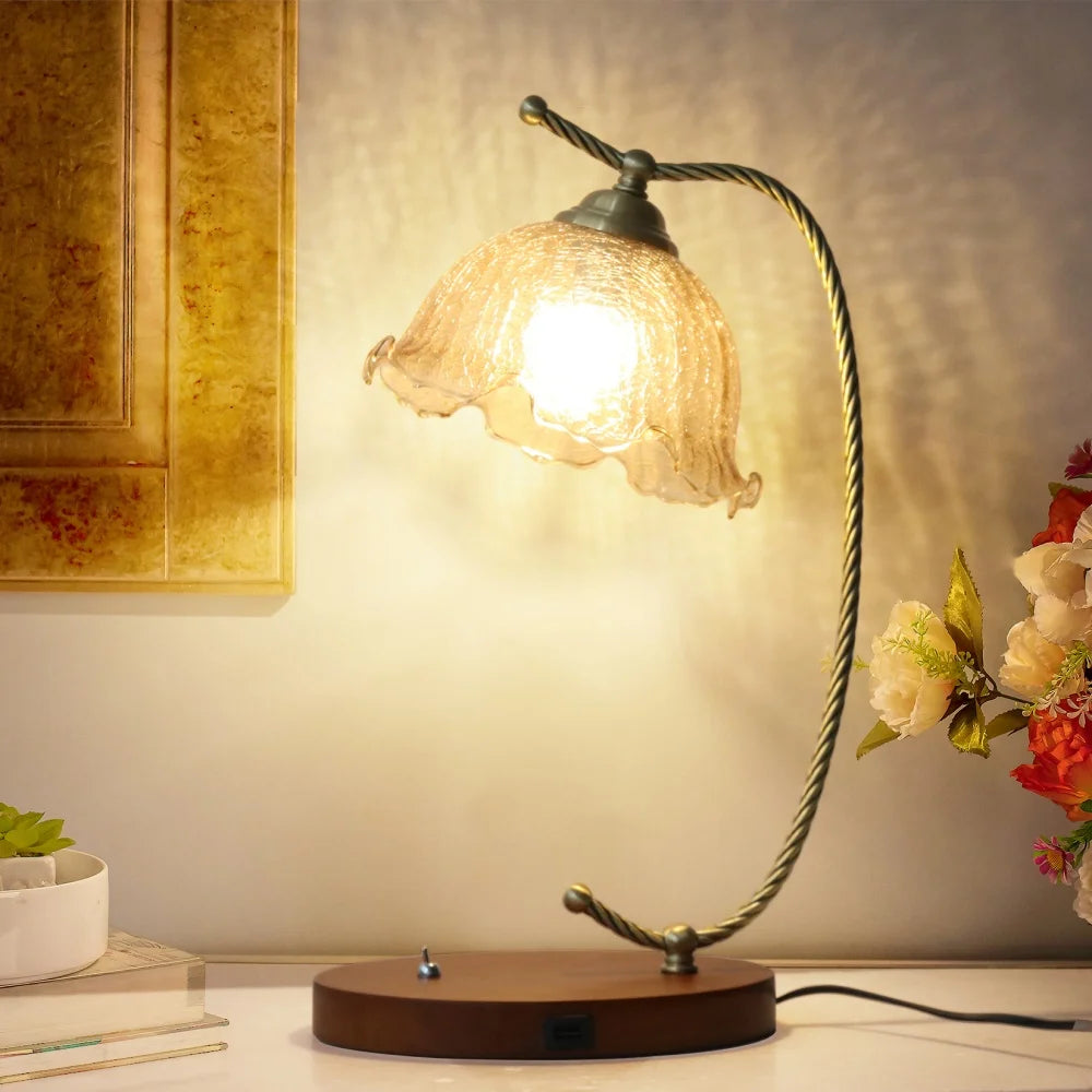 Mid-Century Bedside Table Lamp Modern Glass Flower Desk Lamp Gold Reading Lamp