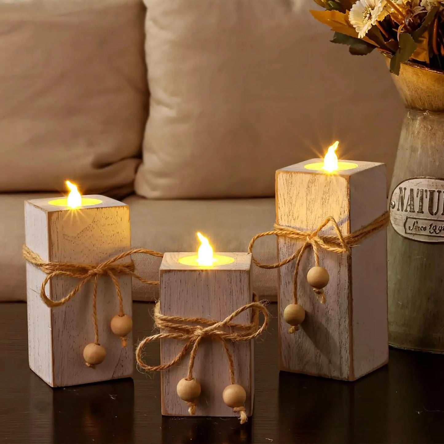 White Farmhouse Candle Holder with Flameless LED Candles Farmhouse Decor 3p| Wooden Candle Holders, White Rustic Farmhouse Decor With Battery Operated for for Valentines Holiday Party Home Decor