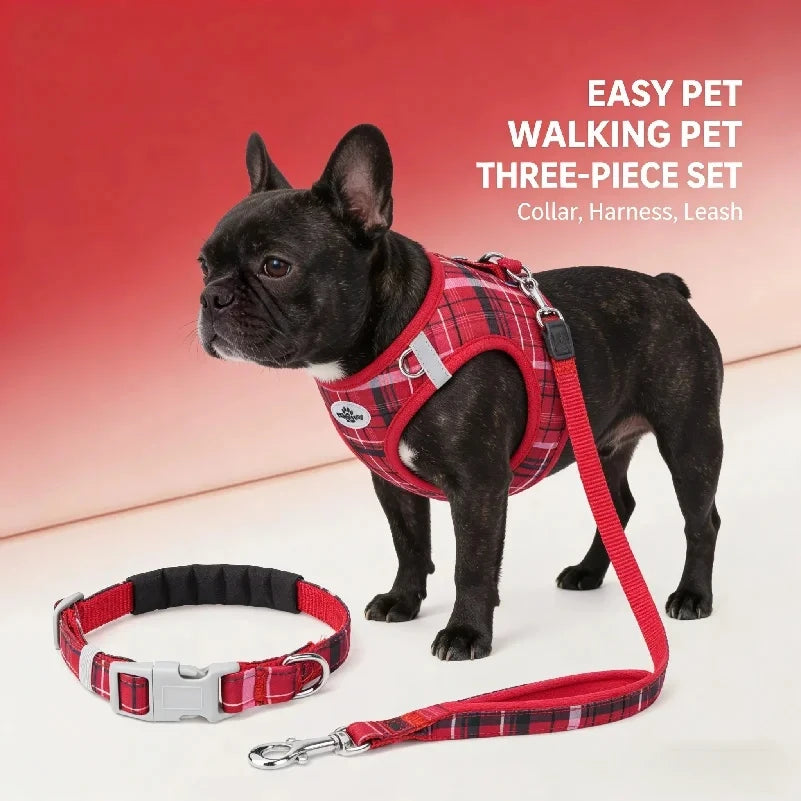 Classic Plaid Pet Three-Piece Set, Stress-Relief Leash, Vest-Style Harness, New Year Dog Harness