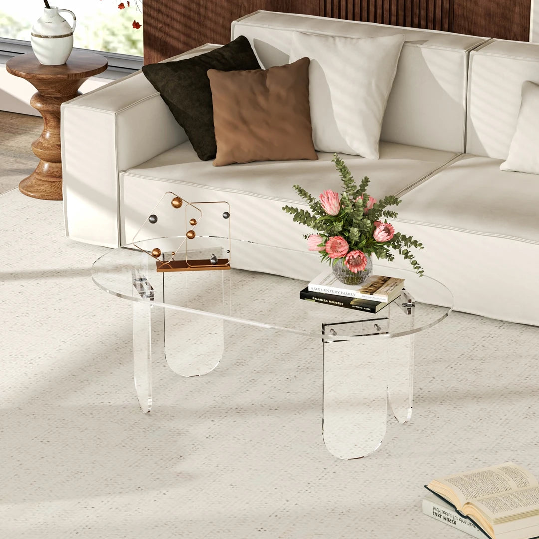 Clear Transparent Oval Acrylic Coffee Table, Modern Accent End Side Table with 4 Legs & PVC Cover for Living Room, Office