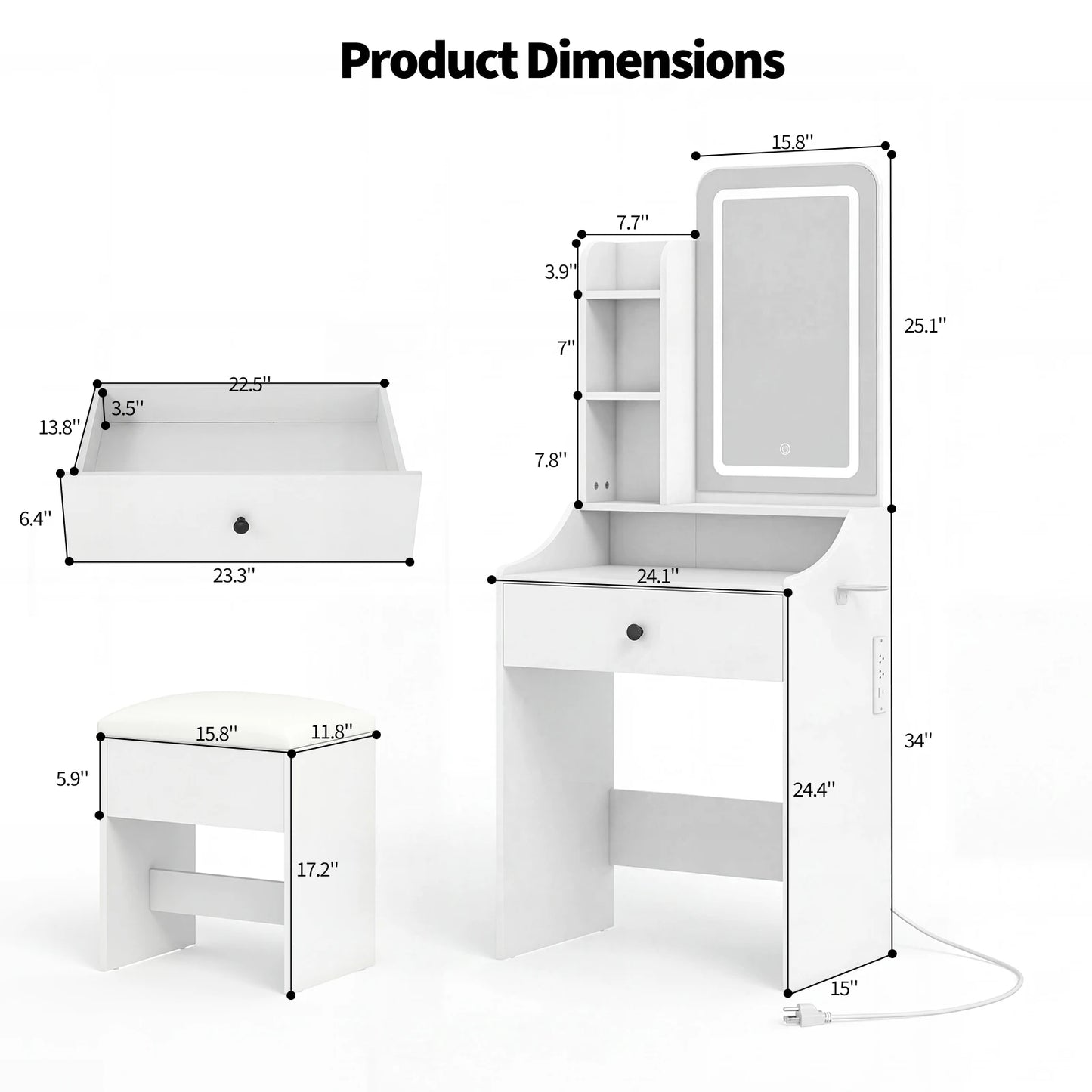 JHK 24IN Makeup Vanity Table Set with Mirror and Lights Small Vanity with Storage Bench Charging Station and Hair Dryer Holder Dressing Table with Drawer and Three Shelves