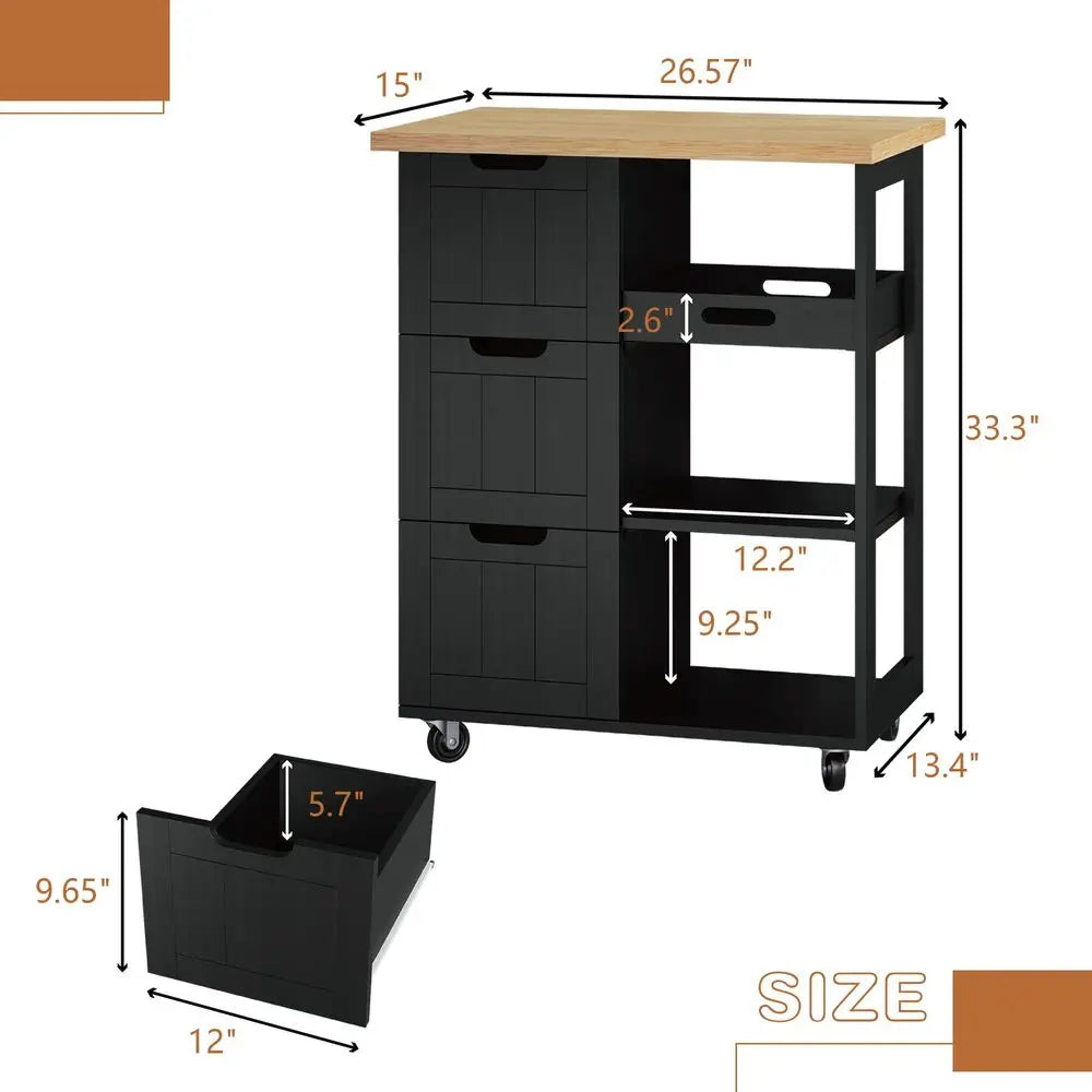Kitchen Island with Storage Cart Rolling Coffee Small Butcher Block Table Microwave with 3 Drawers on Wheels Station Portable M