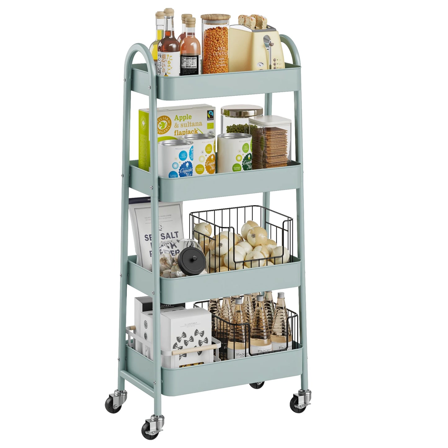 MCQ 4 Tiers Mobile Metal Frame Kitchen Cart Rolling Storage Shelf with Lockable Caster Wheels Organization Utility Cart for Livingroom Kitchen Narrow Places ﻿