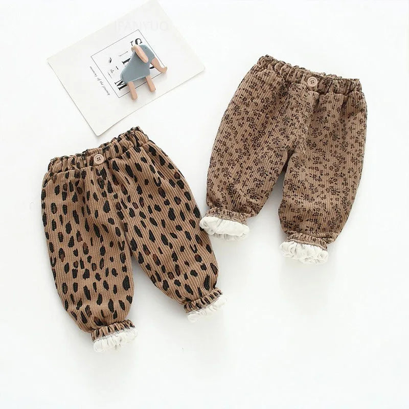 Spring Autumn Girls Korean Corduroy Floral Pants Thicken Fleece Warm Children Trousers Fashion Leopard Print Boys Pants Outwear