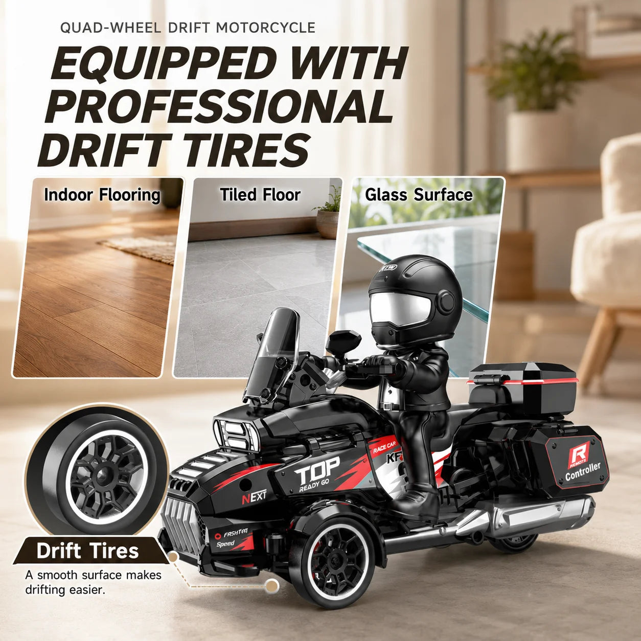 1/43 RC Drift Motorcycle, 2.4GHz Remote Control 3-Wheel Drift Trike with Detachable Rider Figure, LED Lights, High-Speed Racing Motorcycle Toy, Mini RC Car, USB Rechargeable, Birthday Christmas Gift for Kids Boys Adults