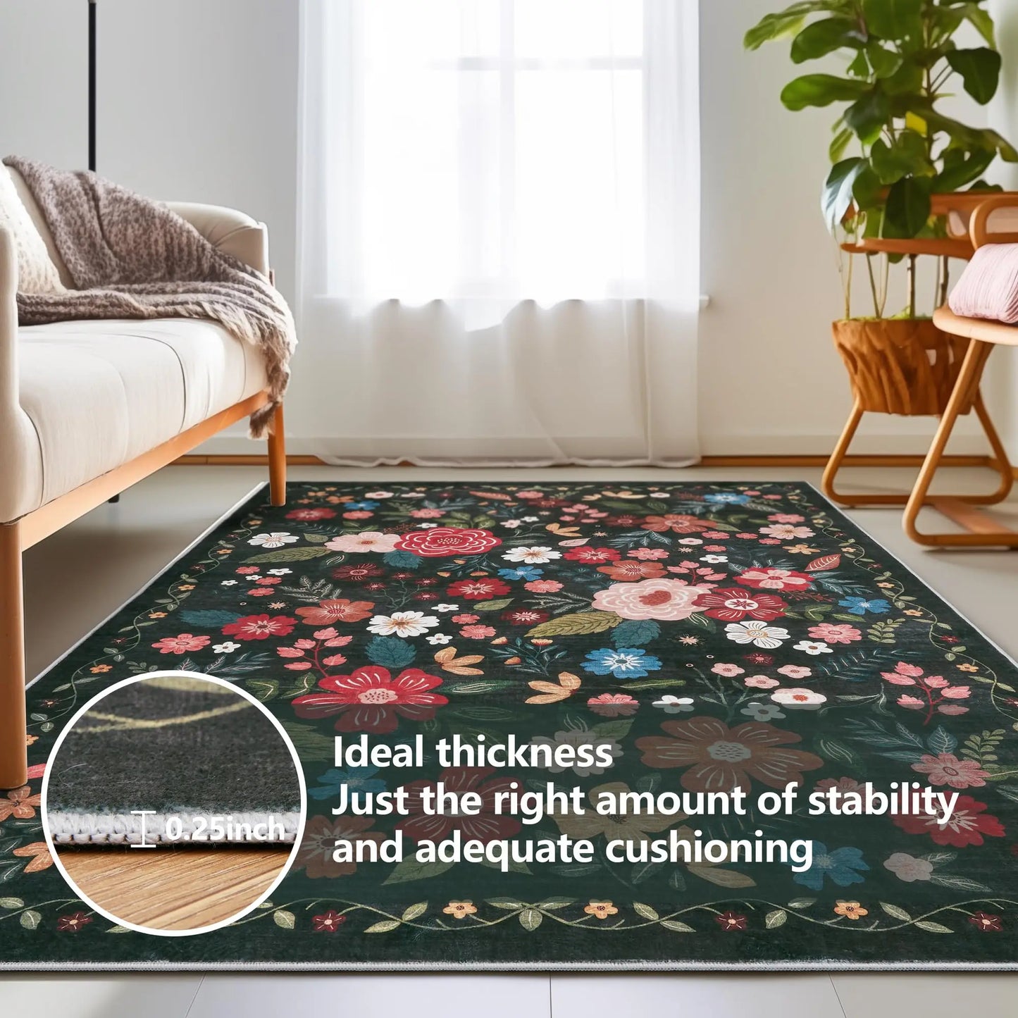 Blank Flower Rug, Washable Non-Slip Area Carpet for Living Room & Bedroom, Home Decor