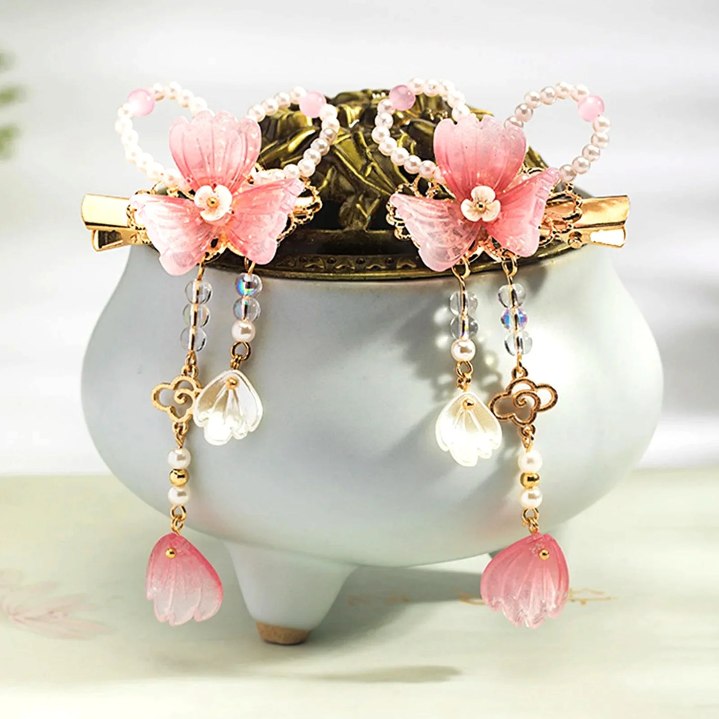 2pcs Chinese Hanfu Hair Clips Hairpins Flower Girls Pink Barretes Crystal Tassel Children Hair Accessories Jewelry Headwear