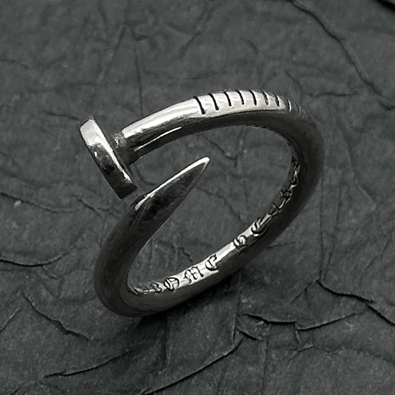 S925 Sterling Silver Retro Old Flat Nail Ring European and American Men and Women Niche Personality Unique Design