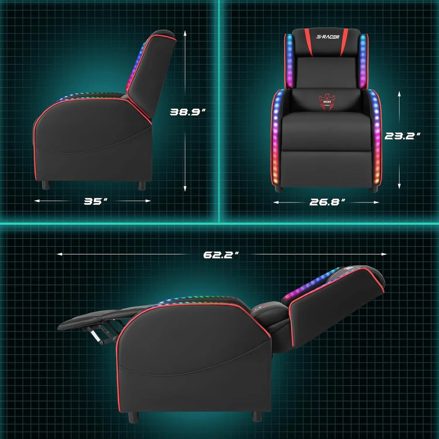 LED Gaming Massage Recliner Chair Racing Style Single Living Room Sofa Comfortable Ergonomic Home Theater Seating(Red)