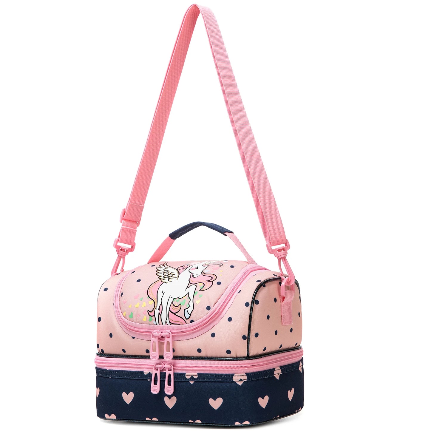 Girls Cute Unicorn Kitten Print Double Deck Lunch Bag Portable Handheld Insulated Food Bag Leakproof Washable Snack Container Bag