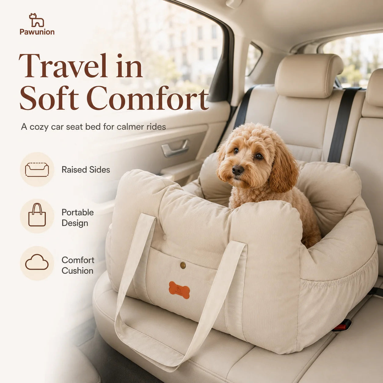 Dog Car Seat for Small Medium Dogs, Portable Pet Booster Seat with Soft Plush Interior, Storage Pocket & Safety Tether, Cozy Travel Bed for Front or Back Seat
