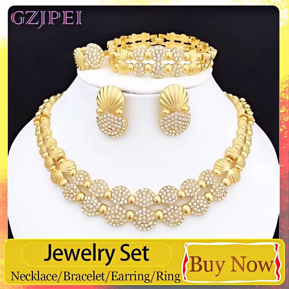 GZJPEI Fashion Women Jewelry Set Multi Layer White Zircon Necklace Bracelet Elegant Shell Earring Ring For Women Party Jewelry Birthday Gift Anniversary Gift 2026 Trendy