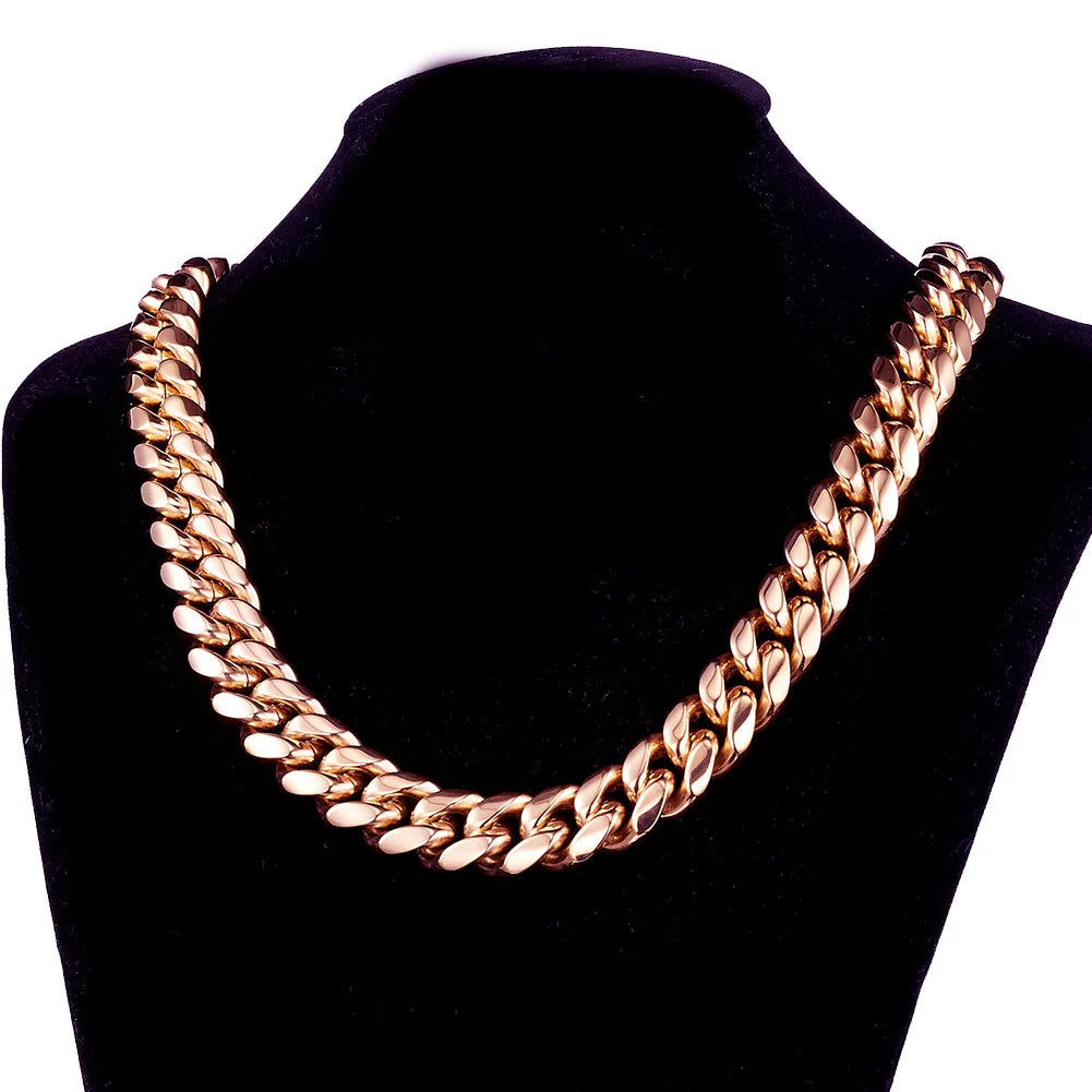 14mm Wide Rose Gold Color 316L Stainless Steel Cuban Miami Link Chains Necklaces for Unisex Hip Hop Rock Jewelry Gift