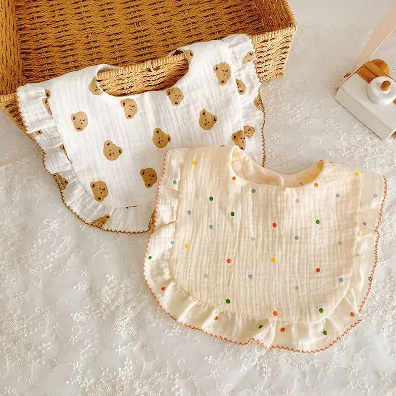 2pcs Floral Print Baby Bibs U-Shaped Snap Saliva Towel Ruffled Edge Muslin Cotton Burp Cloths Rainbow A Grade Feeding Scarf