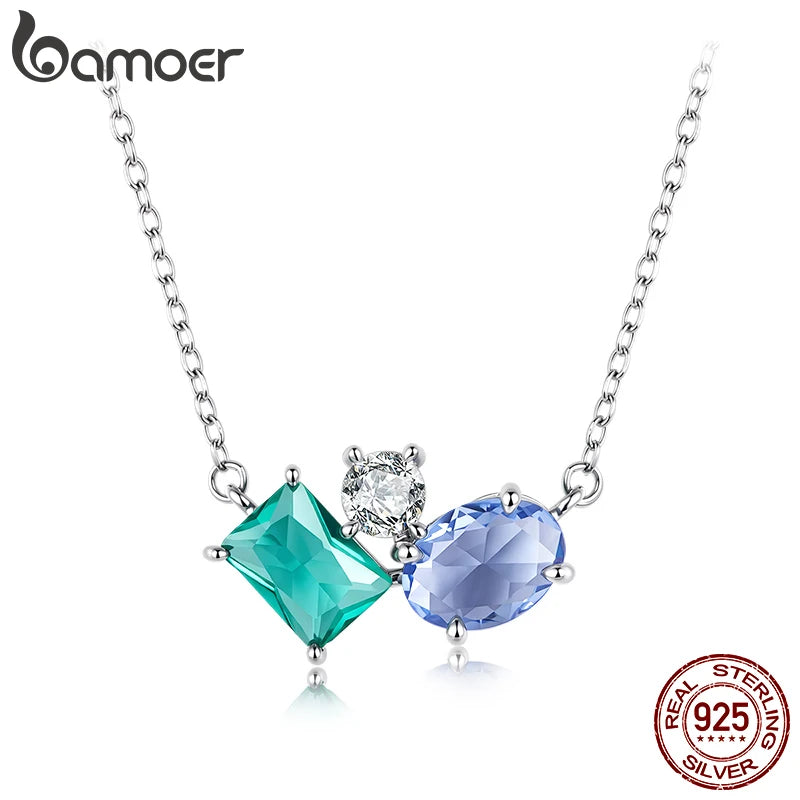 Bamoer 925 Sterling Silver Necklace Blue Green Stone  White Gold Zirconia Pendant Adjustable Chain for Women Fine Jewelry Gift