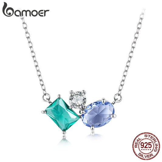 Bamoer 925 Sterling Silver Necklace Blue Green Stone  White Gold Zirconia Pendant Adjustable Chain for Women Fine Jewelry Gift