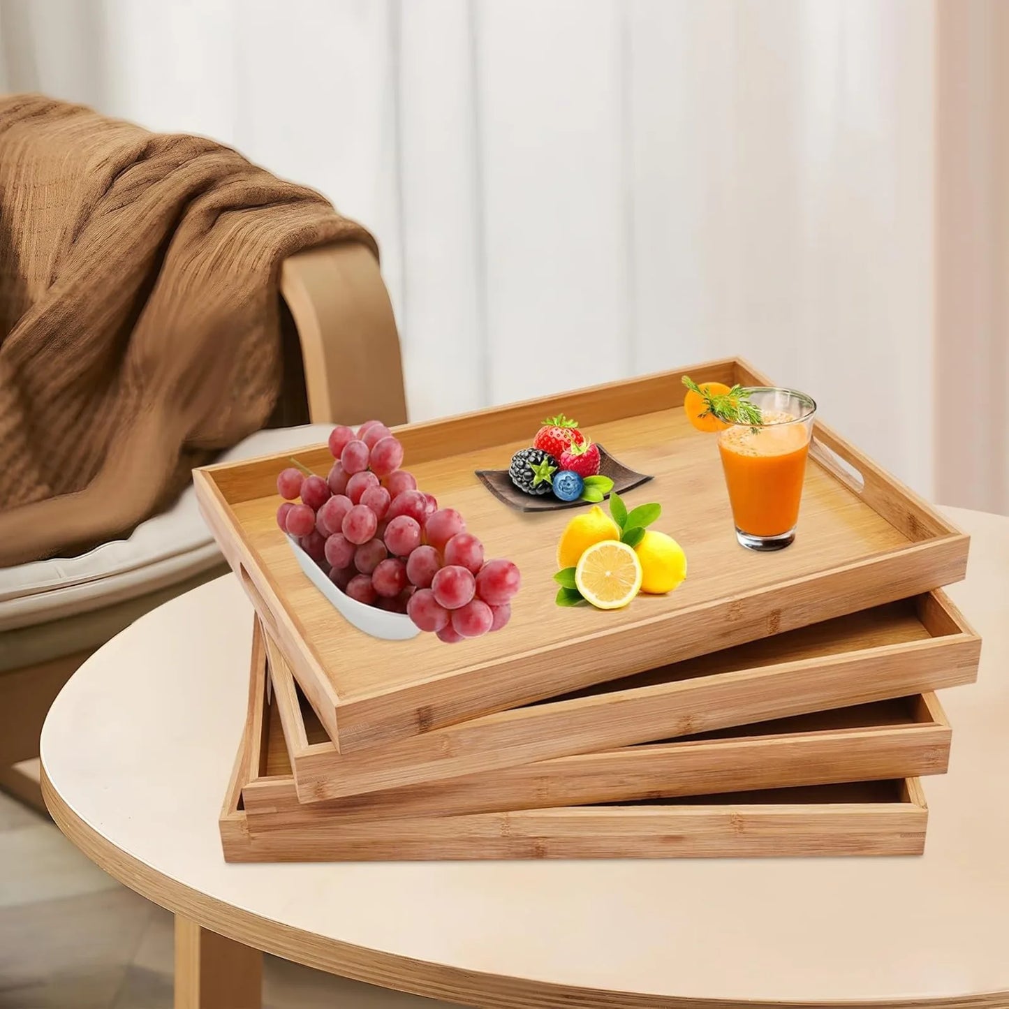 4 Pack Bamboo Serving Trays With Handles Rectangular Wooden Platters Multi-purpose Breakfast Tea Snack Tray For Kitchen Living Room Indoor Outdoor Use