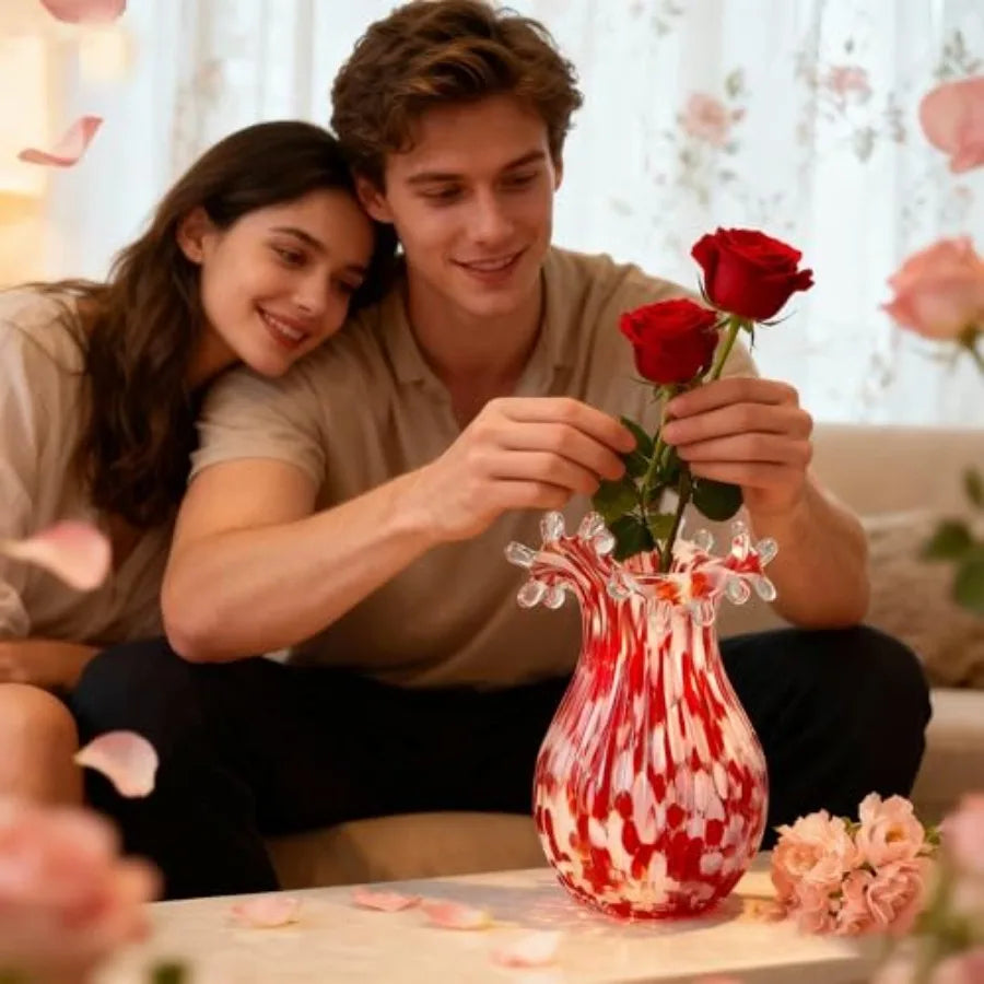 Hand Blown Glass Vase for Flowers, 8 Inch Red Crystal Flower Vases for Bouquet Home Decor Decorative Centerpieces, Unique Gift