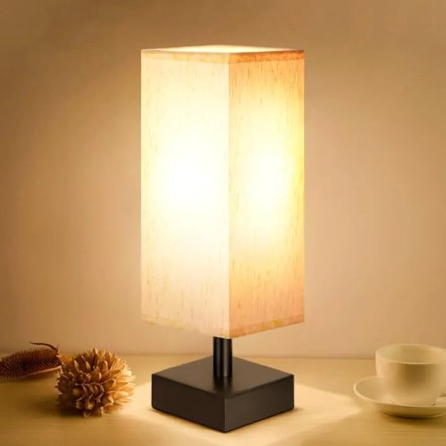 Small Table Lamp for Bedroom - Bedside Lamps for Nightstand, Minimalist Night Stand Light Lamp with Square Fabric Shade, Desk R